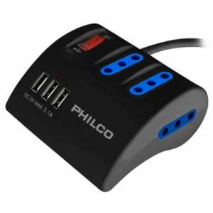 Alargador Eléctrico PHILCO 3 Posiciones + 3 USB Negro con Switch 1.5 Metros